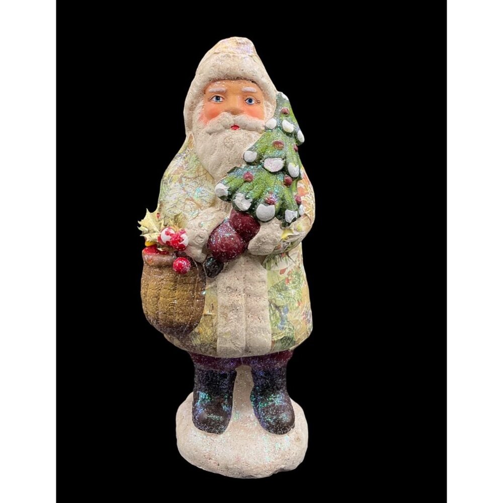 VTG 1980s Santa Claus Father Decoupage Christmas Figurine Decor Tinsel Tree 9’‘